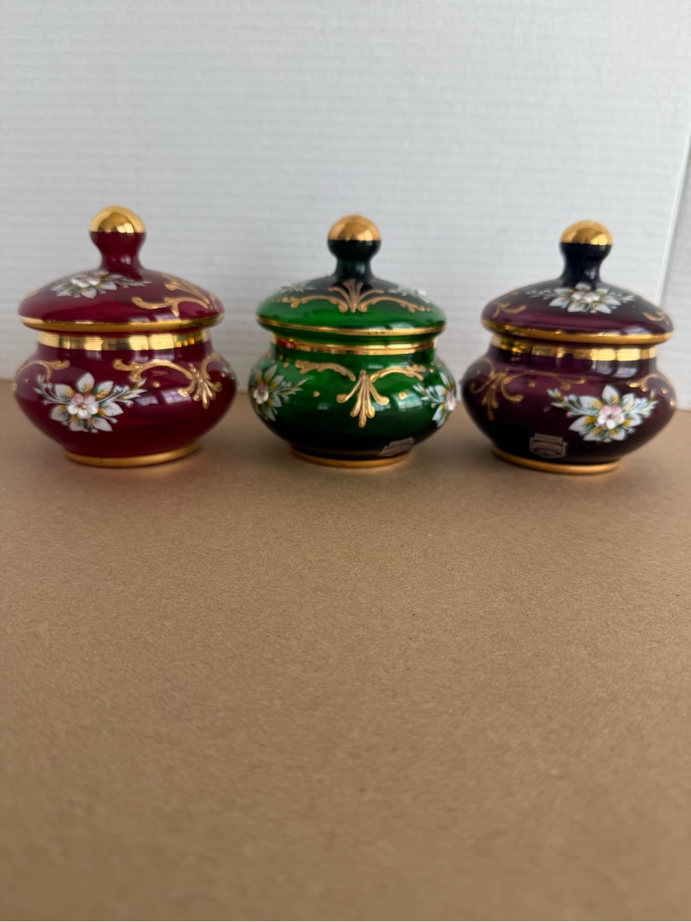 Vintage Murano Tre Fuochi Glass Trinket Jar Set Trio 24K Gold Hand Painted Italy